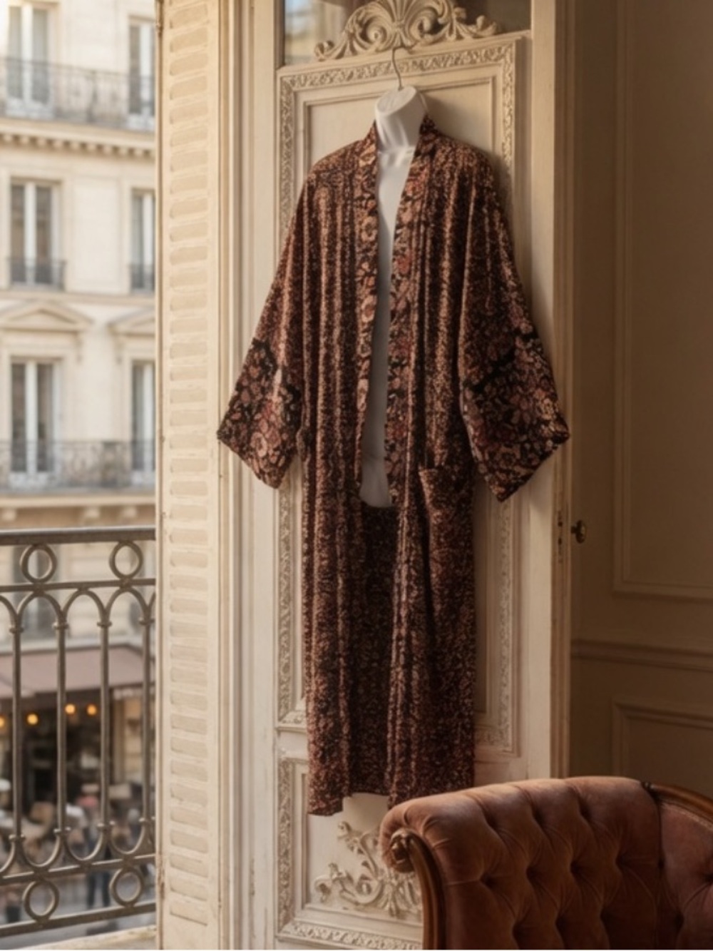 Natalie Martin Diane Long Floral Duster Kimono Robe Black & Burgundy NWT L